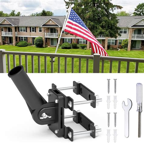 two bracket metal flag holder|flag holder for deck railing.